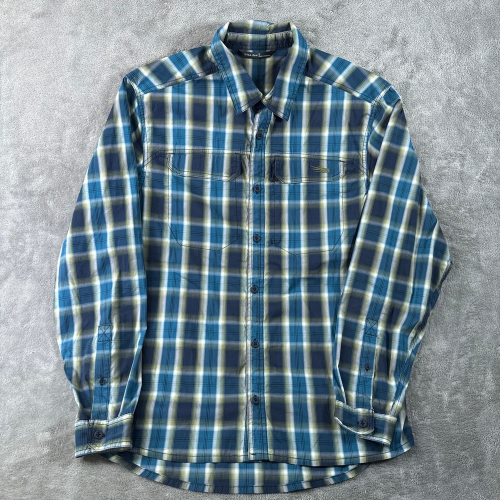 SITKA Men's Globetrotter Shirt Large Blue Plaid Long Sleeve Hunting Outdoor